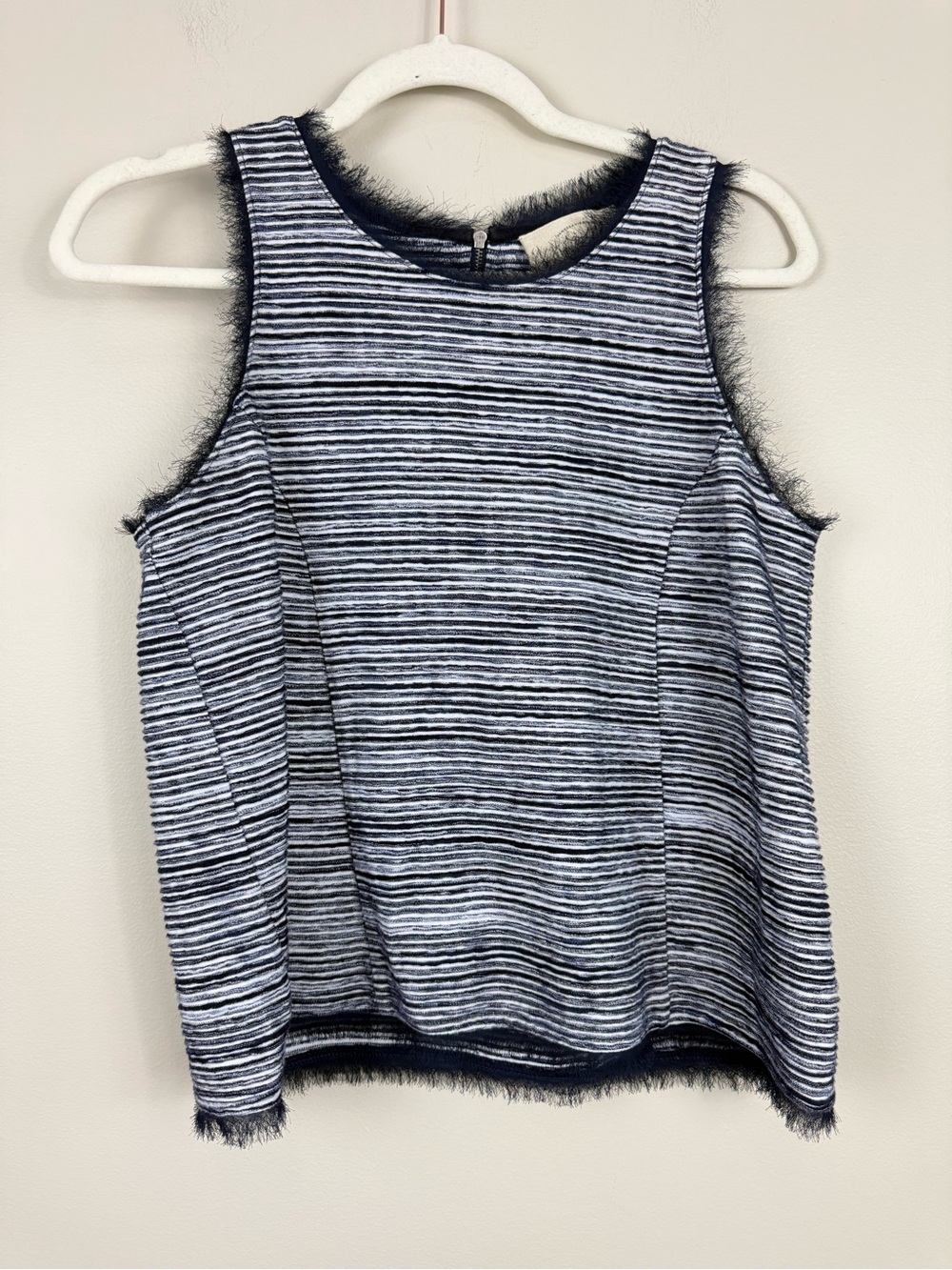 Anthropologie Top Womens Small Striped Fringe Trim Sleeveless Navy White Shirt